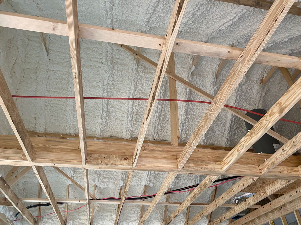 Open-cell spray foam on walls of Mississippi home interior